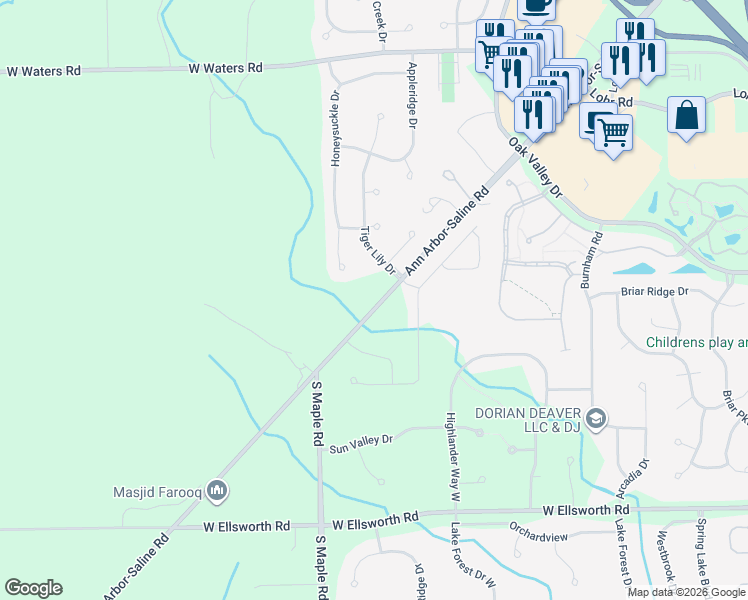 map of restaurants, bars, coffee shops, grocery stores, and more near 3484 Ann Arbor-Saline Road in Ann Arbor