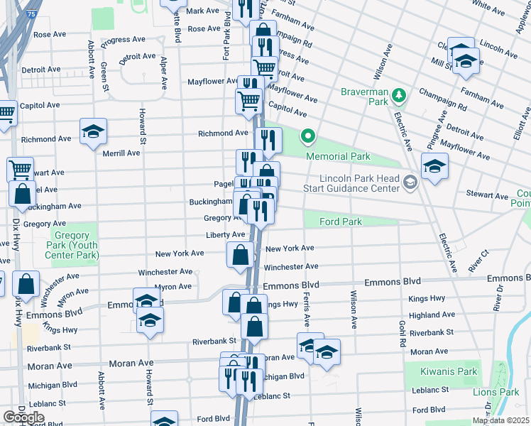 map of restaurants, bars, coffee shops, grocery stores, and more near 3419 Fort Street in Lincoln Park
