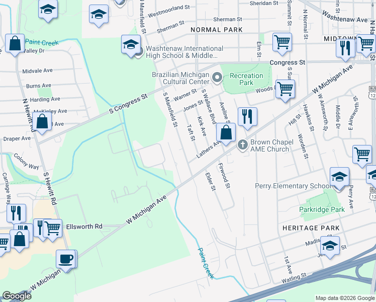 map of restaurants, bars, coffee shops, grocery stores, and more near 250 South Mansfield Street in Ypsilanti