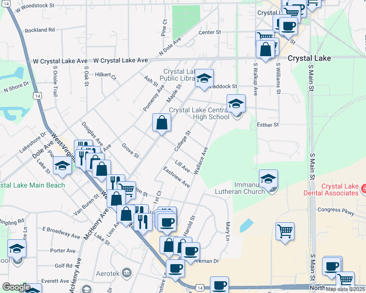 map of restaurants, bars, coffee shops, grocery stores, and more near 199 College Street in Crystal Lake