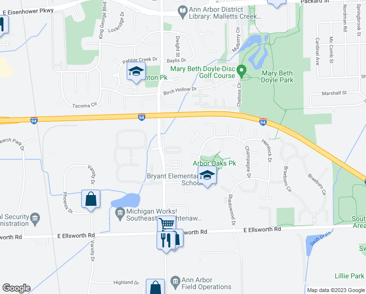 map of restaurants, bars, coffee shops, grocery stores, and more near 3599 Stone School Road in Ann Arbor