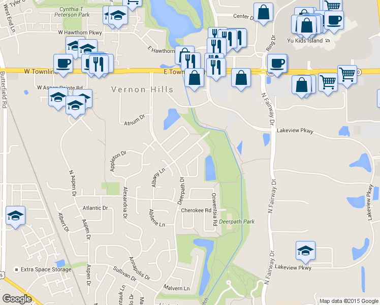 map of restaurants, bars, coffee shops, grocery stores, and more near 11 Warrington Road in Vernon Hills