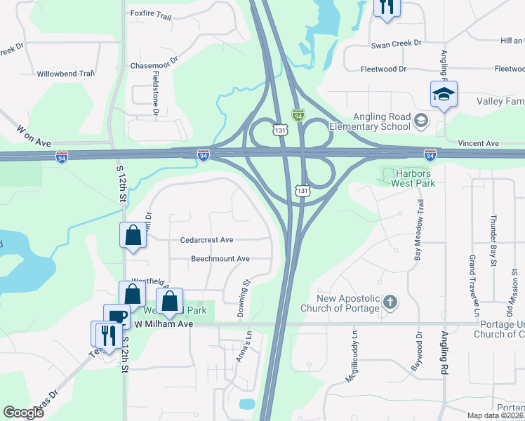 map of restaurants, bars, coffee shops, grocery stores, and more near 5625 Downing Street in Portage
