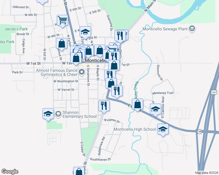 map of restaurants, bars, coffee shops, grocery stores, and more near 361 S Main St in Monticello