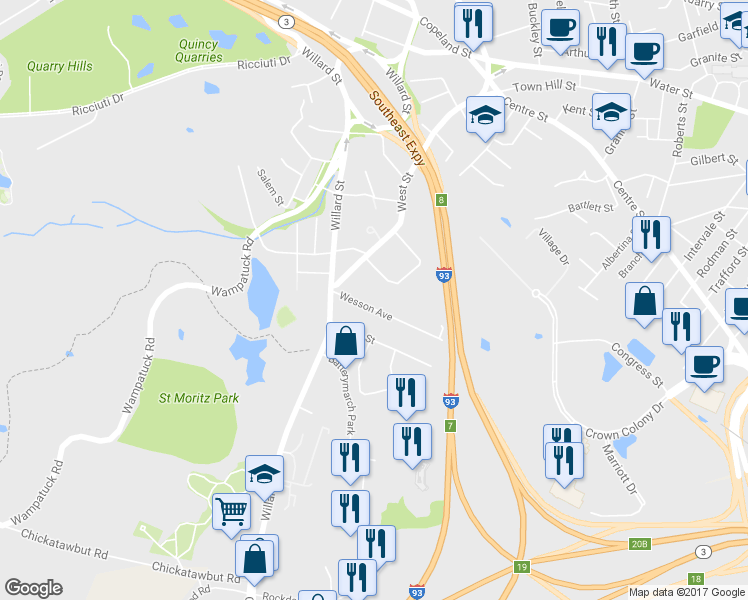 map of restaurants, bars, coffee shops, grocery stores, and more near 42 Wesson Avenue in Quincy