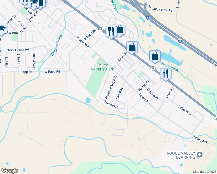 map of restaurants, bars, coffee shops, grocery stores, and more near 255 Meadow Slope Dr in Talent