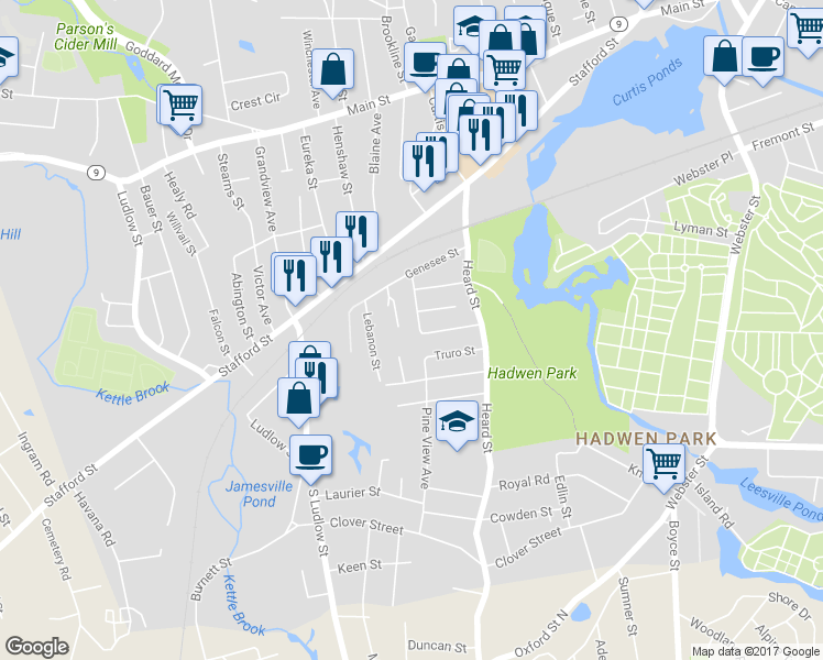 map of restaurants, bars, coffee shops, grocery stores, and more near 30 Pine View Avenue in Worcester