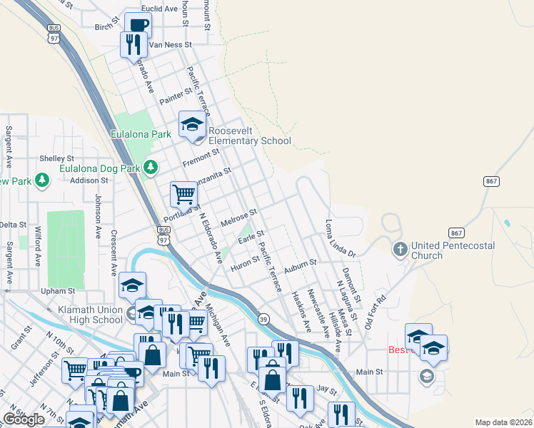 map of restaurants, bars, coffee shops, grocery stores, and more near 745 Melrose Street in Klamath Falls