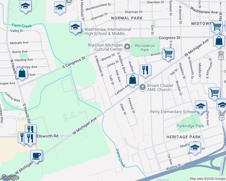 map of restaurants, bars, coffee shops, grocery stores, and more near 288 Taft Street in Ypsilanti
