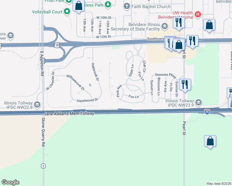map of restaurants, bars, coffee shops, grocery stores, and more near 520 Park Avenue in Belvidere