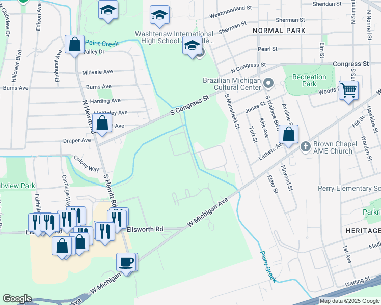 map of restaurants, bars, coffee shops, grocery stores, and more near 251 Stevens Drive in Ypsilanti