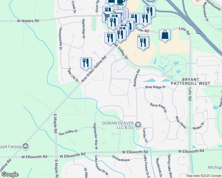 map of restaurants, bars, coffee shops, grocery stores, and more near 3539 Bent Trail Drive in Ann Arbor