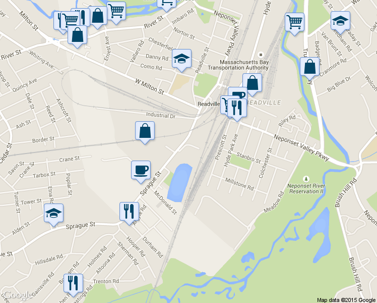 map of restaurants, bars, coffee shops, grocery stores, and more near 50 Sprague Street in Boston