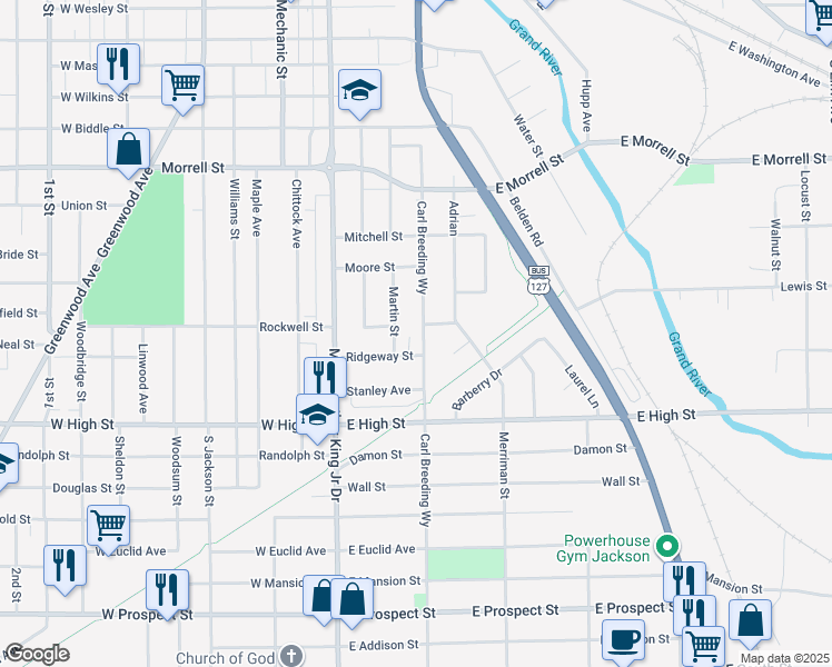 map of restaurants, bars, coffee shops, grocery stores, and more near 1120 South Milwaukee Street in Jackson