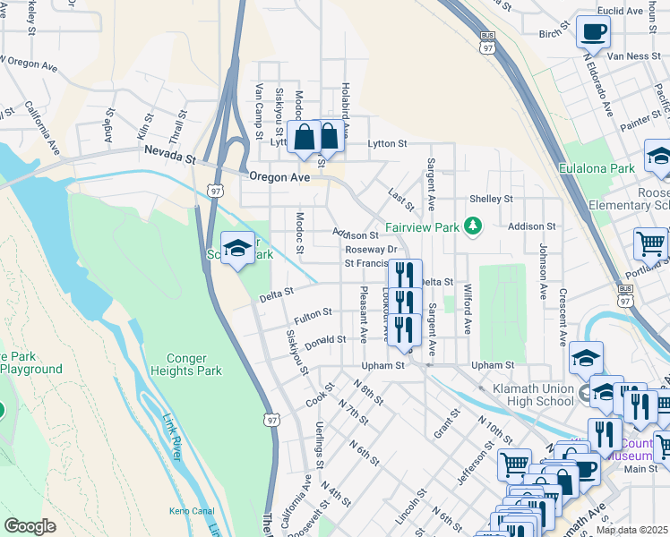 map of restaurants, bars, coffee shops, grocery stores, and more near 1620 Lakeview Avenue in Klamath Falls