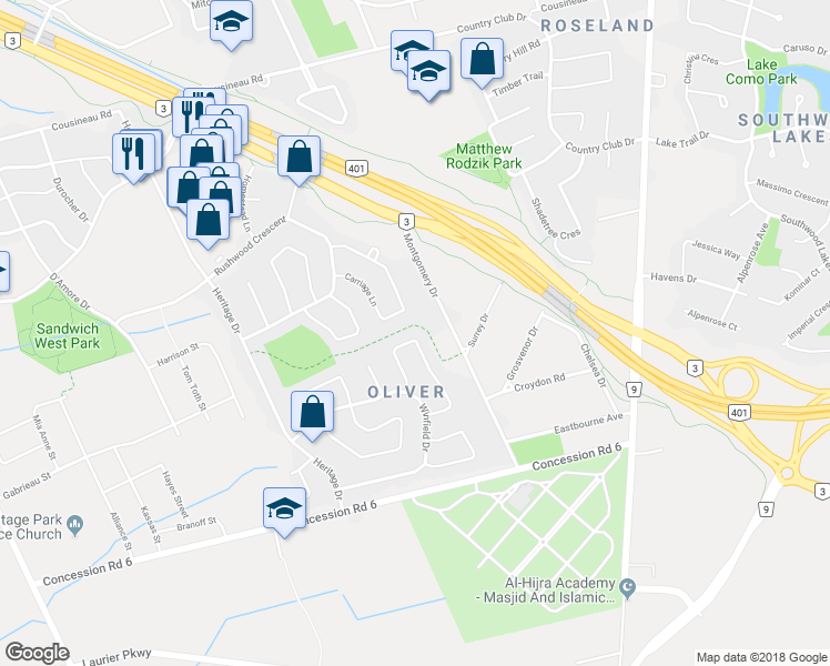 map of restaurants, bars, coffee shops, grocery stores, and more near 1273 Kenwick Way in Windsor