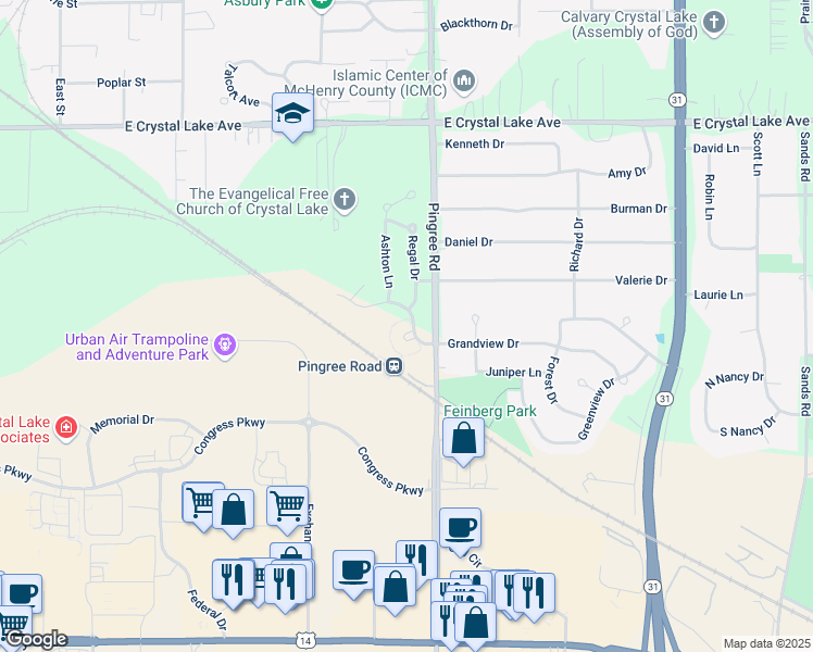 map of restaurants, bars, coffee shops, grocery stores, and more near 810 Oak Hollow Road in Crystal Lake