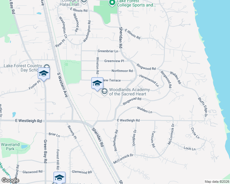 map of restaurants, bars, coffee shops, grocery stores, and more near 250 South Sheridan Road in Lake Forest