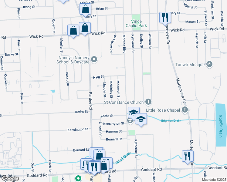 map of restaurants, bars, coffee shops, grocery stores, and more near 9823 McKinley Street in Taylor