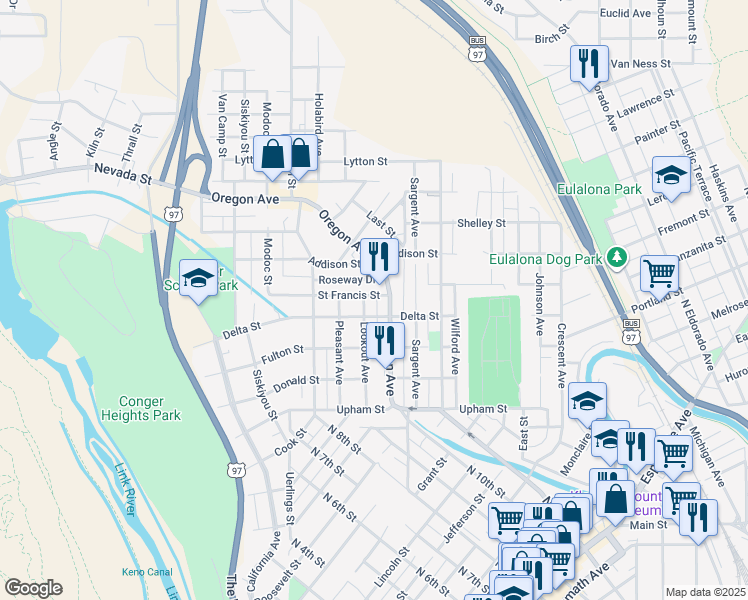 map of restaurants, bars, coffee shops, grocery stores, and more near 812 Saint Francis Street in Klamath Falls