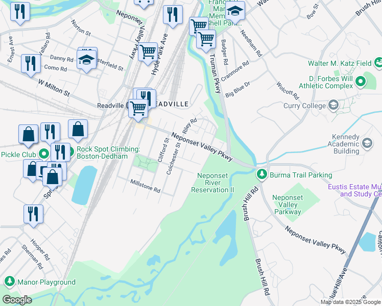 map of restaurants, bars, coffee shops, grocery stores, and more near 18 Forestvale Road in Boston