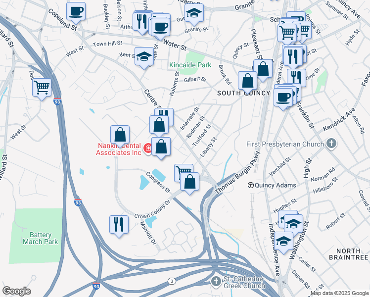 map of restaurants, bars, coffee shops, grocery stores, and more near 307 Centre Street in Quincy