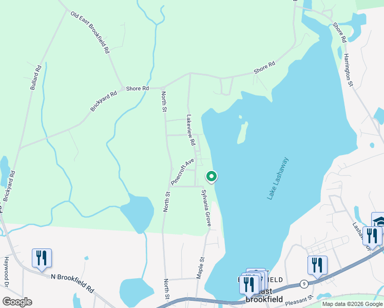 map of restaurants, bars, coffee shops, grocery stores, and more near 15 Lakeview Road in North Brookfield