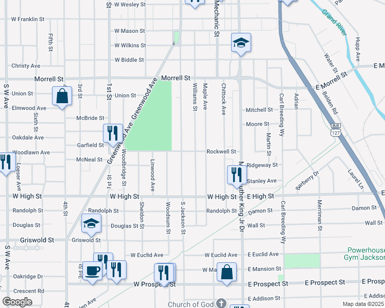 map of restaurants, bars, coffee shops, grocery stores, and more near 1100 Williams Street in Jackson