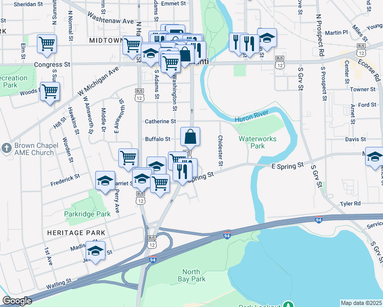 map of restaurants, bars, coffee shops, grocery stores, and more near 417 South Huron Street in Ypsilanti
