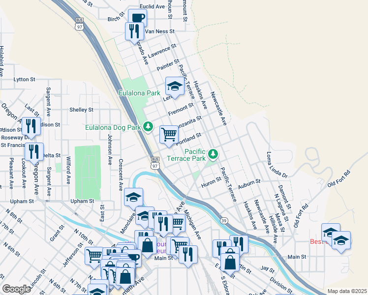map of restaurants, bars, coffee shops, grocery stores, and more near 833 North Eldorado Avenue in Klamath Falls