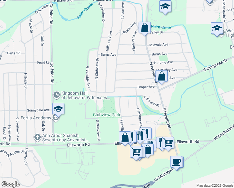 map of restaurants, bars, coffee shops, grocery stores, and more near 2496 Colony Way in Ypsilanti