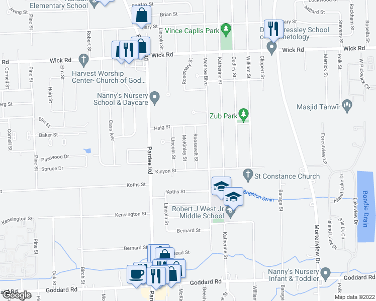 map of restaurants, bars, coffee shops, grocery stores, and more near 9823 McKinley Street in Taylor