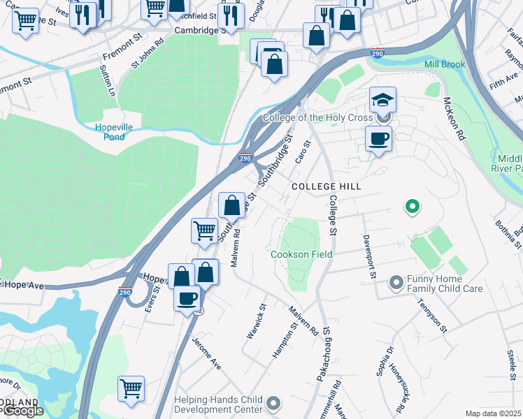 map of restaurants, bars, coffee shops, grocery stores, and more near 8 Heath Street in Worcester