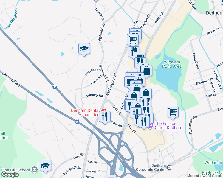 map of restaurants, bars, coffee shops, grocery stores, and more near 7 Wilson Avenue in Dedham