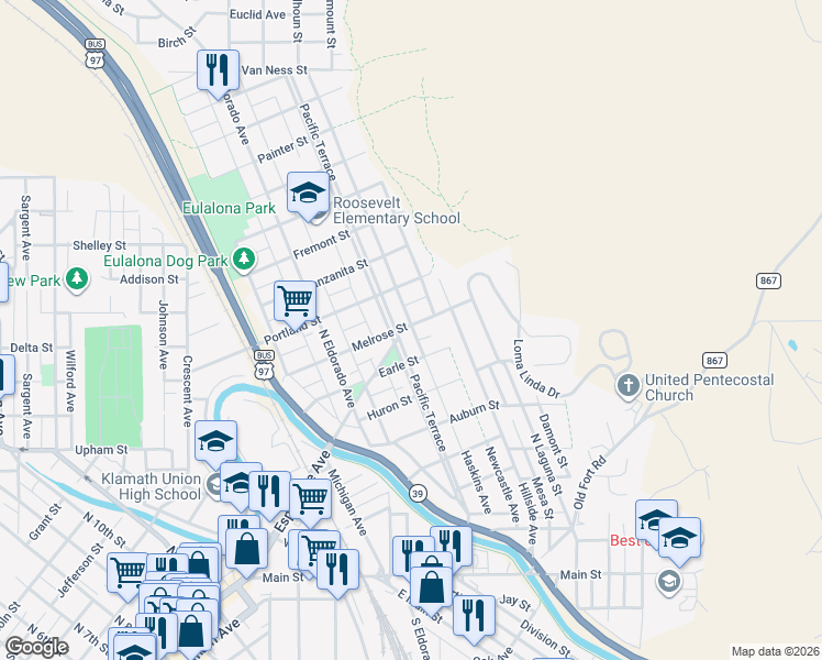 map of restaurants, bars, coffee shops, grocery stores, and more near 745 Melrose Street in Klamath Falls