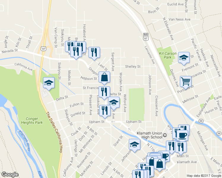 map of restaurants, bars, coffee shops, grocery stores, and more near 1626 Sargent Avenue in Klamath Falls