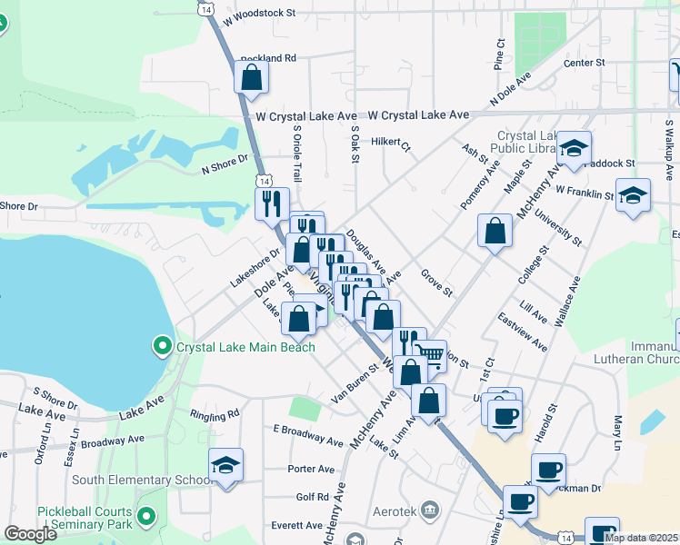 map of restaurants, bars, coffee shops, grocery stores, and more near 421 South Oriole Trail in Crystal Lake