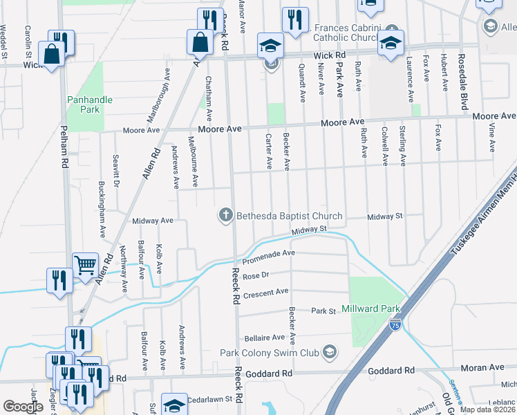 map of restaurants, bars, coffee shops, grocery stores, and more near 9891 Manor Avenue in Allen Park