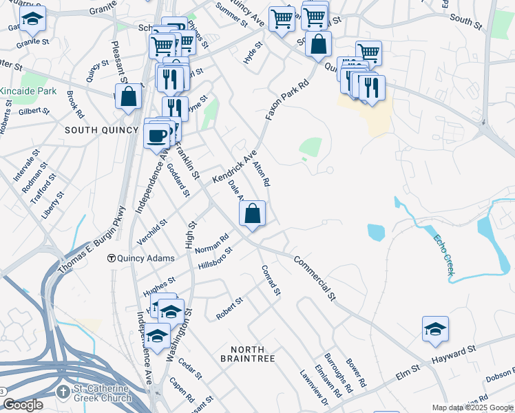map of restaurants, bars, coffee shops, grocery stores, and more near 15 Crest Street in Quincy