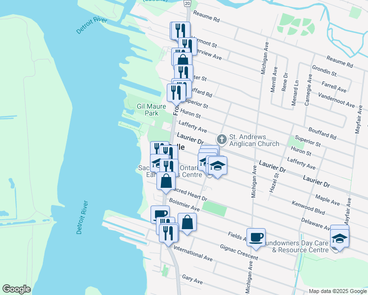 map of restaurants, bars, coffee shops, grocery stores, and more near 125 Maple Avenue in Windsor