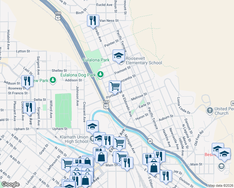 map of restaurants, bars, coffee shops, grocery stores, and more near 1857 Portland Street in Klamath Falls