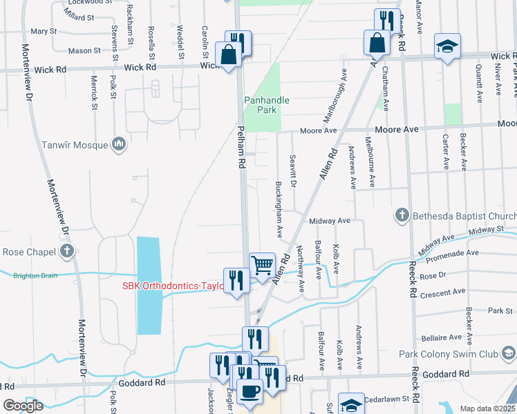 map of restaurants, bars, coffee shops, grocery stores, and more near 9933 Allen Pointe Drive in Allen Park