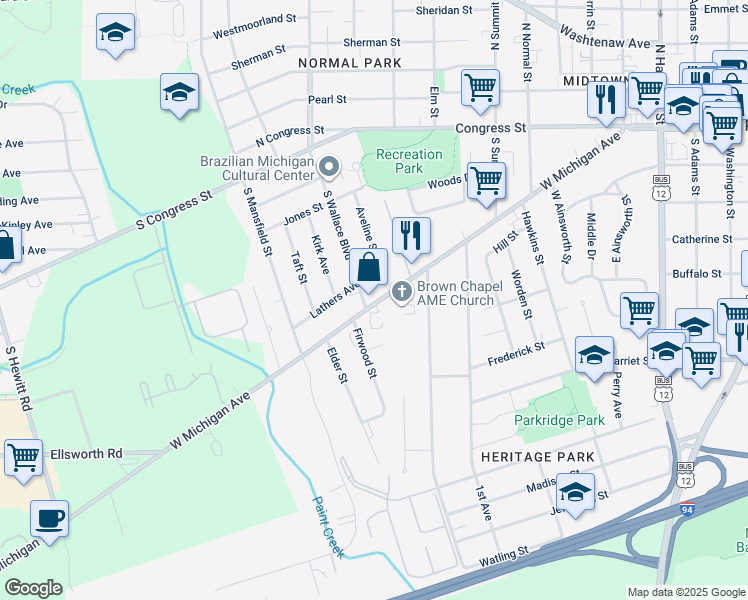 map of restaurants, bars, coffee shops, grocery stores, and more near 1136 West Michigan Avenue in Ypsilanti