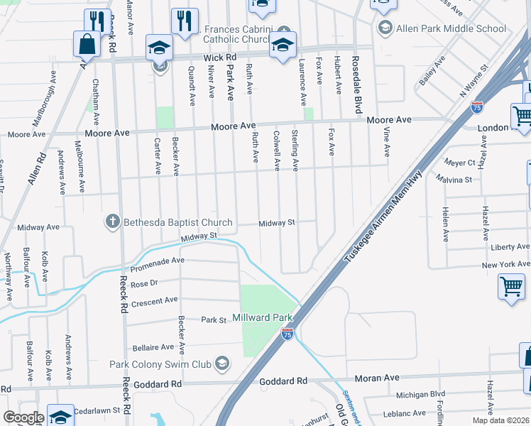map of restaurants, bars, coffee shops, grocery stores, and more near 935 Ruth Avenue in Allen Park