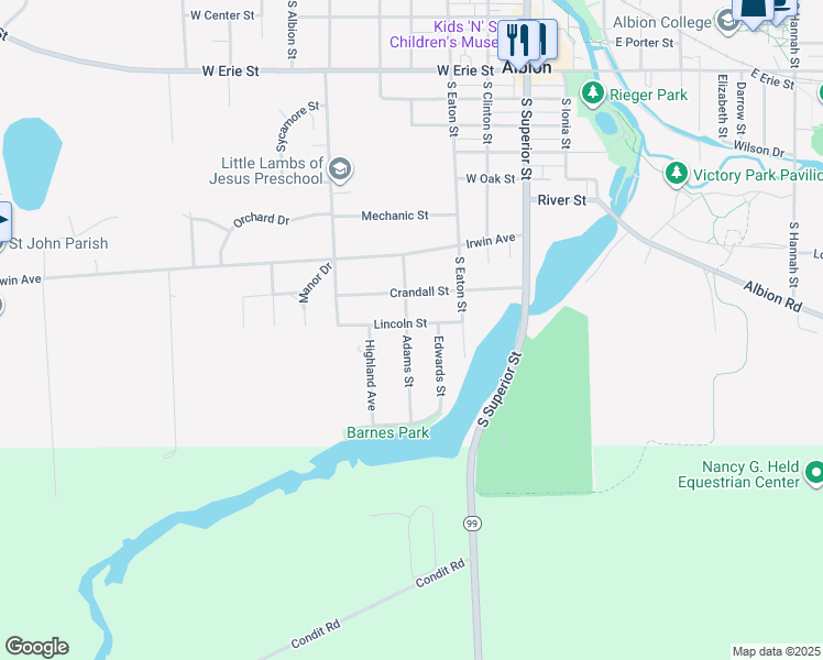 map of restaurants, bars, coffee shops, grocery stores, and more near 319 Lincoln Street in Albion
