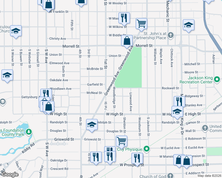 map of restaurants, bars, coffee shops, grocery stores, and more near 1117 Greenwood Avenue in Jackson