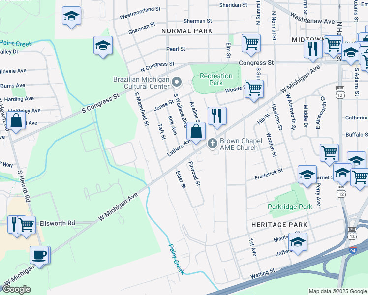 map of restaurants, bars, coffee shops, grocery stores, and more near 1255 Lathers Avenue in Ypsilanti