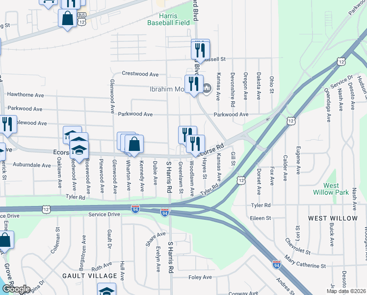 map of restaurants, bars, coffee shops, grocery stores, and more near 487 Greenlawn Street in Ypsilanti