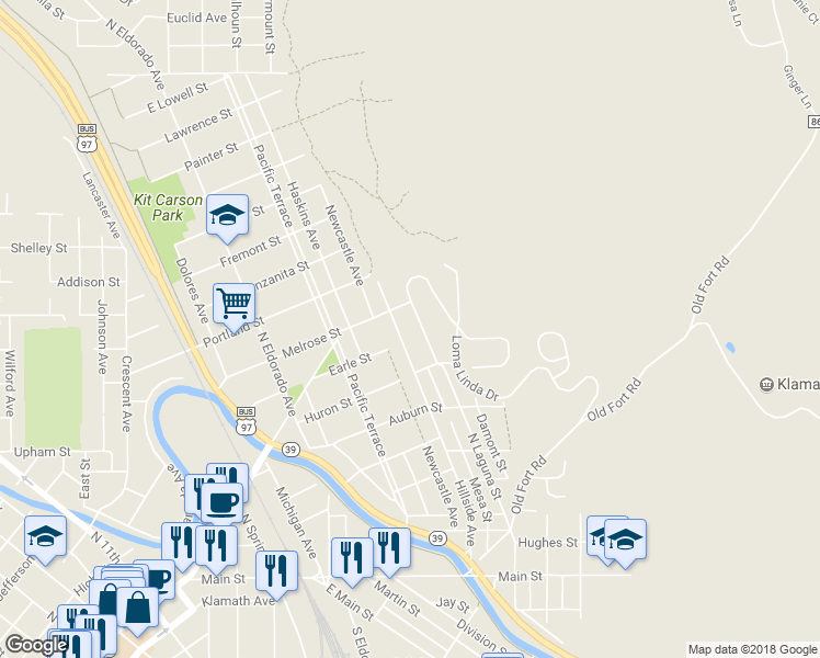 map of restaurants, bars, coffee shops, grocery stores, and more near 708 Loma Linda Drive in Klamath Falls