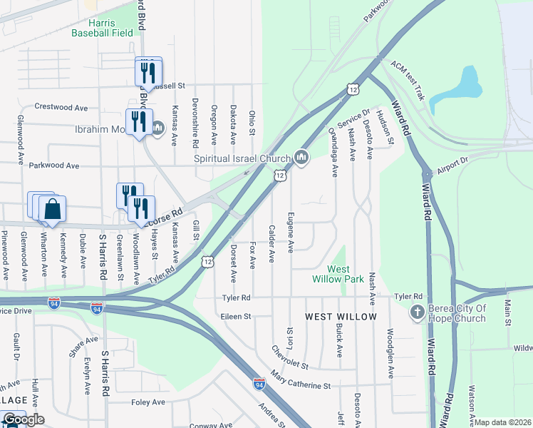 map of restaurants, bars, coffee shops, grocery stores, and more near 600 Calder Avenue in Ypsilanti